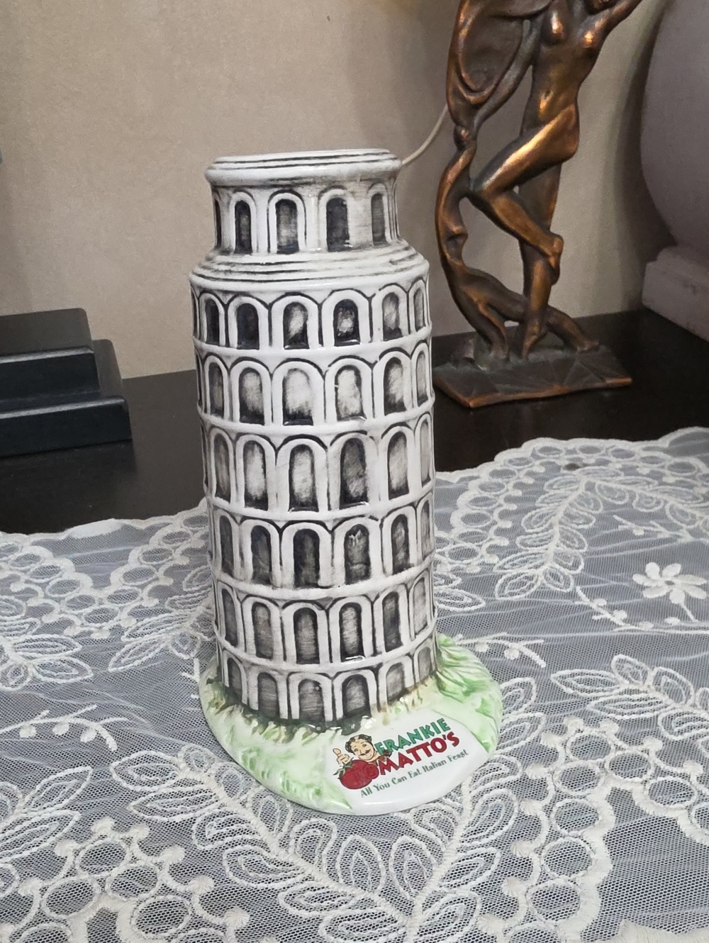 vtg ceramic Leaning Tower of Pisa souvenir container Frankie Tomatto's Canadian